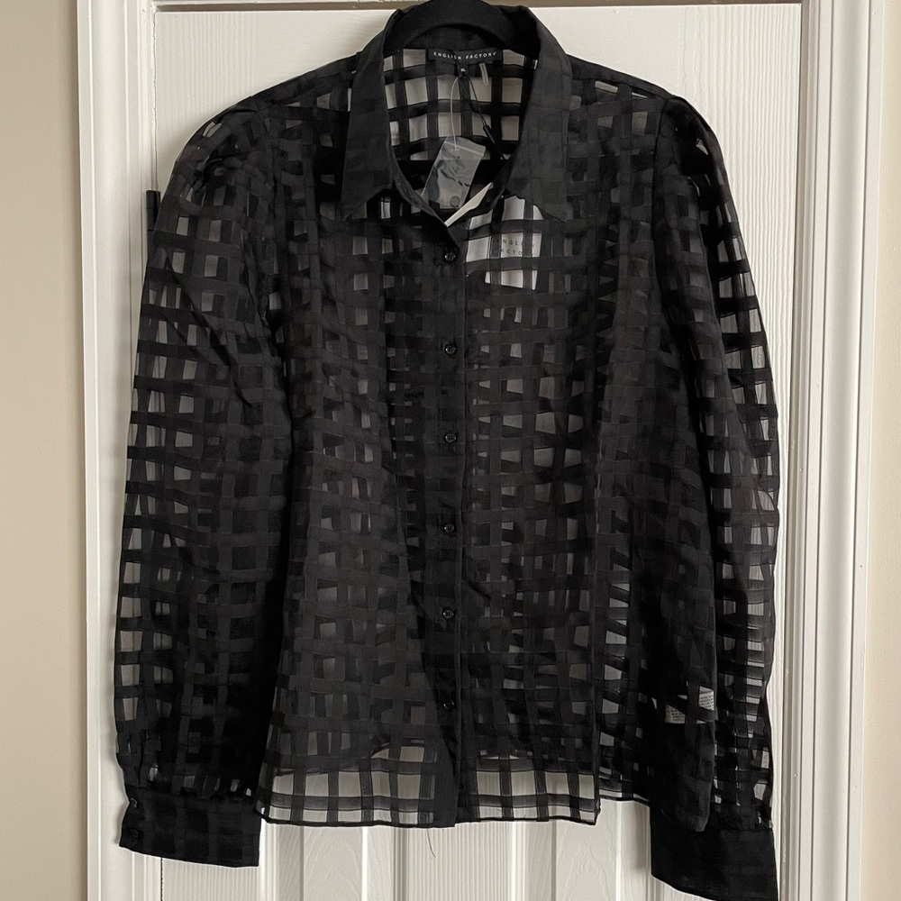 English Factory Black Sheer Grid Button Down Shirt